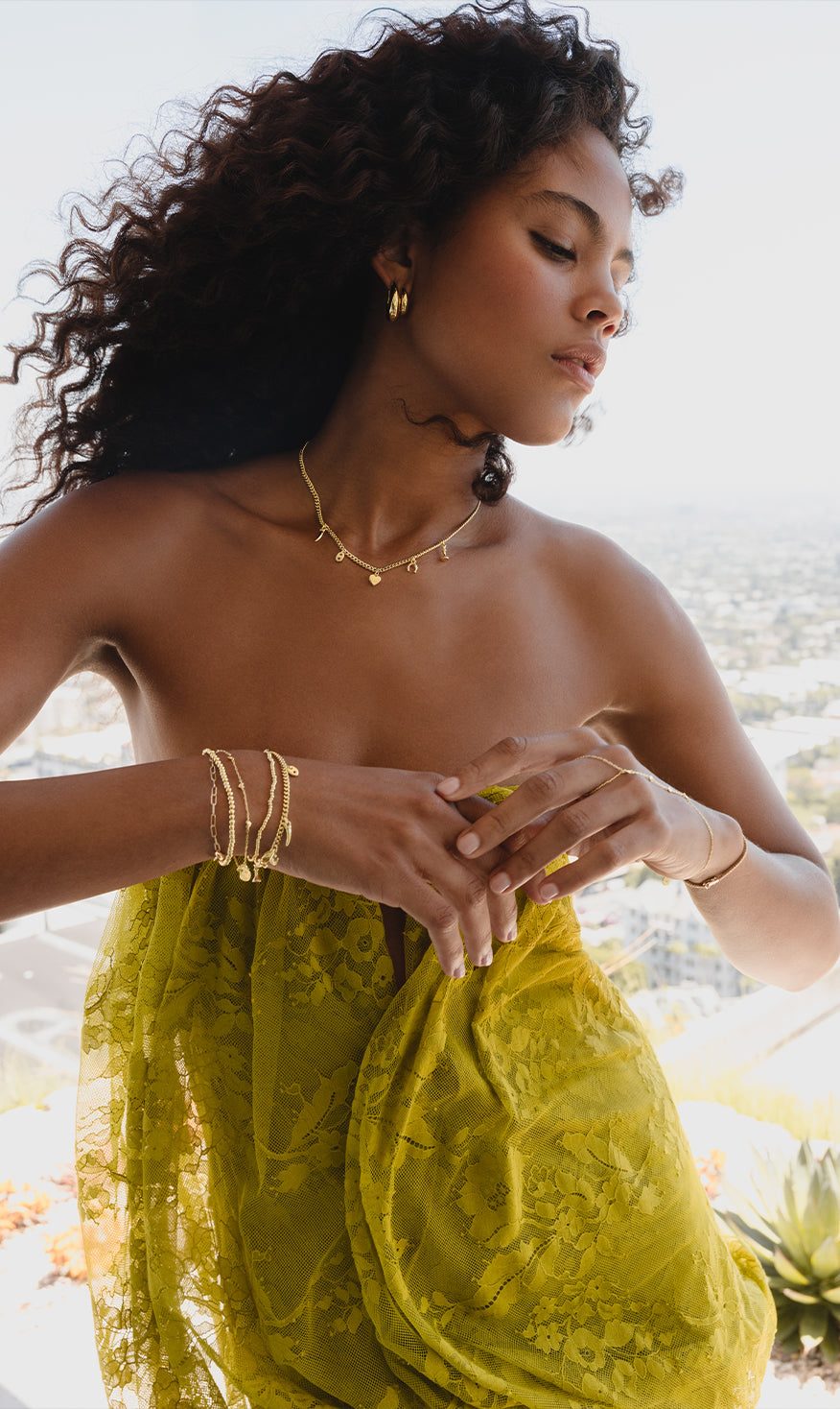 Layered Gold Necklaces, Bracelets, and Rings with Yellow Lace Layered Gold Necklaces, Bracelets, and Rings with Yellow Lace — Gold Jewelry