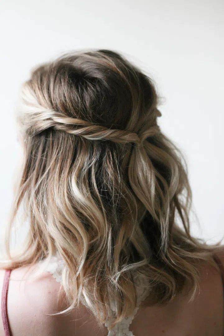Medium Brown With Blonde Balayage Visual Idea — Half Up Half Down Medium Hair