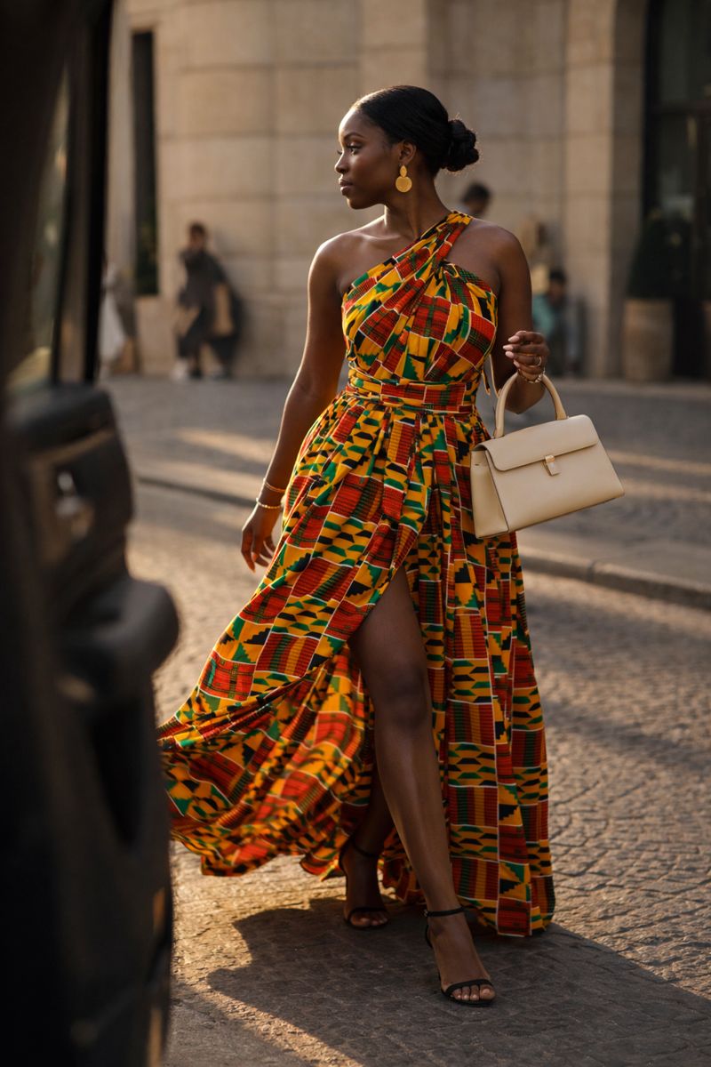 One-Shoulder Maxi Dress with Kente Print for Parties One-Shoulder Maxi Dress with Kente Print for Parties — Maxi Dresses