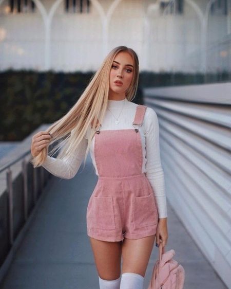 Pink Corduroy Overalls with White Long-Sleeve Top Pink Corduroy Overalls with White Long-Sleeve Top — Soft Girl Outfits