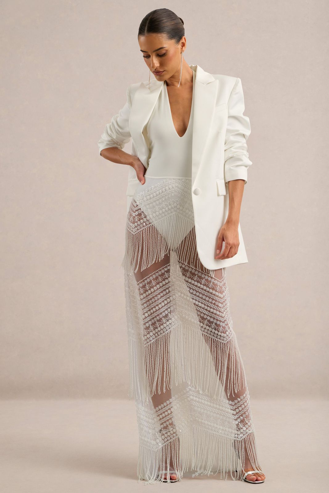 White Blazer, Bodysuit, and Sheer Beaded Fringe Skirt Ensemble White Blazer, Bodysuit, and Sheer Beaded Fringe Skirt Ensemble — Bachelorette Dresses