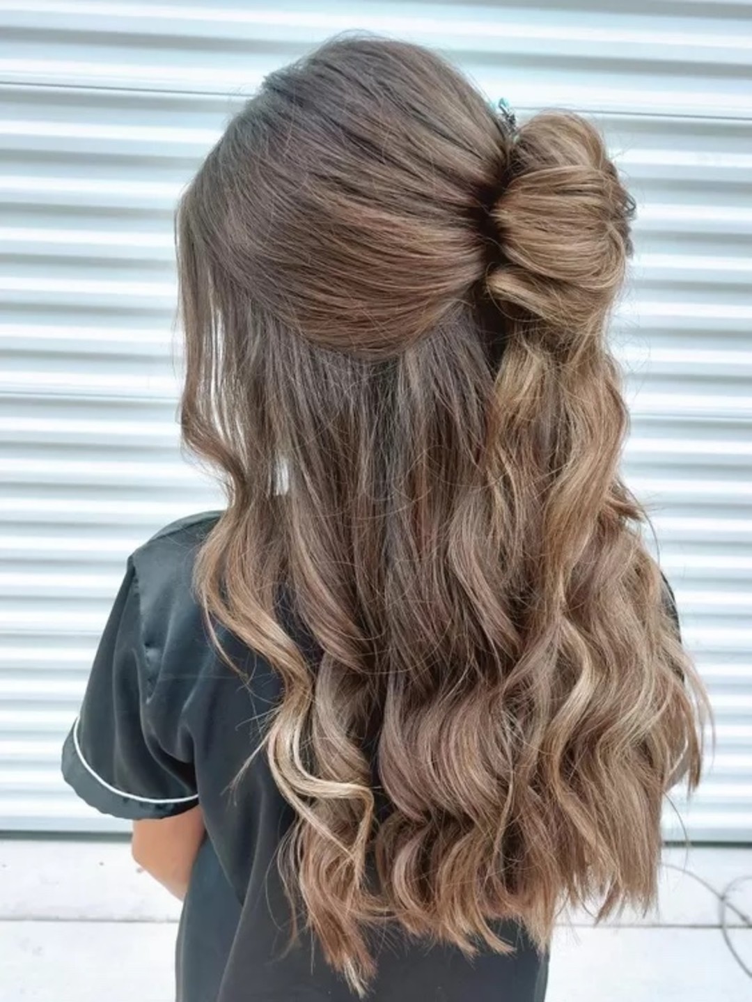 Medium Brown With Highlights And Crown Bun Medium Brown With Highlights And Crown Bun — Half Up Half Down Curly Hair