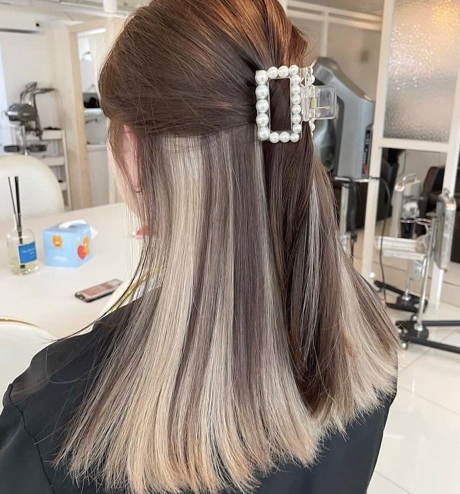 Elegant Long Bob With Platinum Streaks — Two Tone Hair