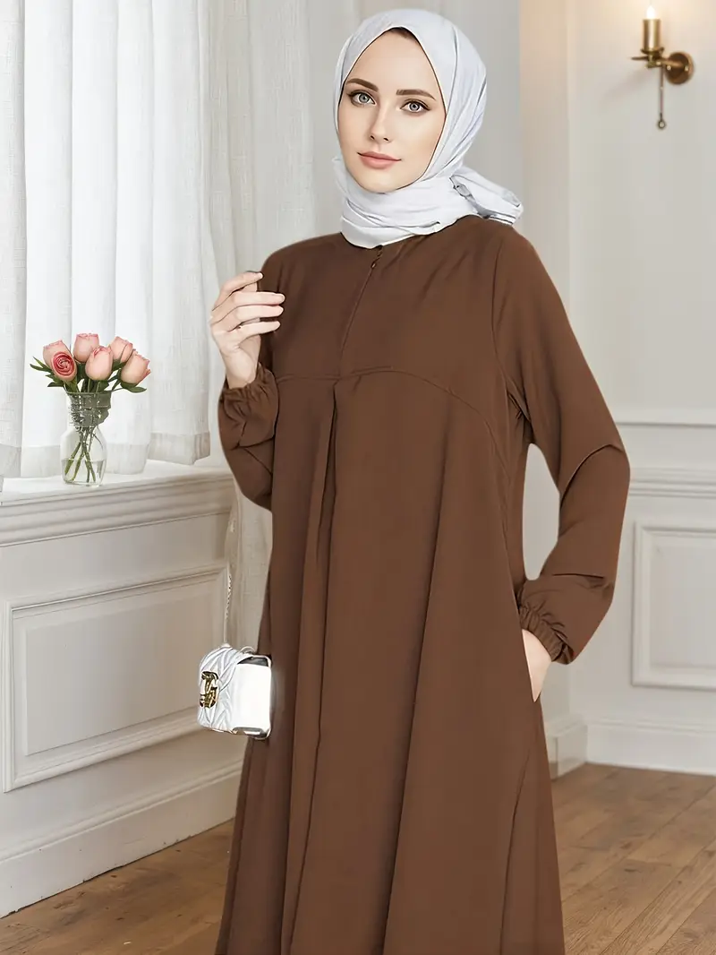 Brown Pleated Dress with Pockets for Casual Sophistication Brown Pleated Dress with Pockets for Casual Sophistication — Casual Hijab Outfits