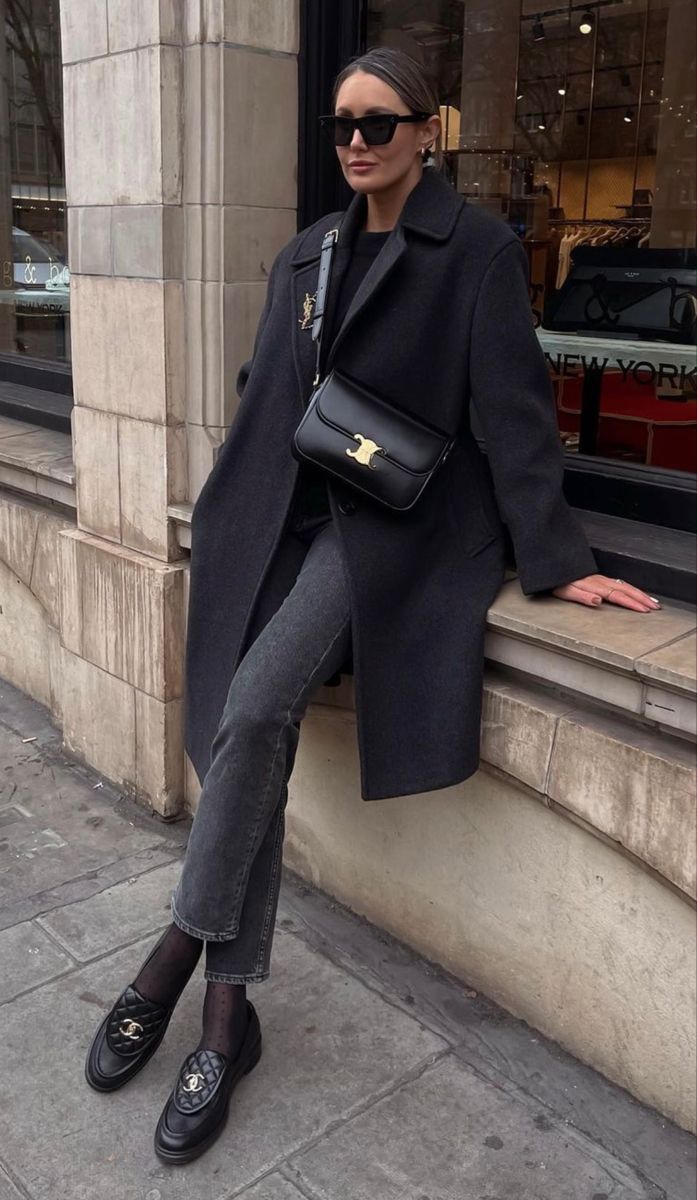 Quilted Leather Loafers with Grey Jeans and a Wool Coat — Loafer Outfits
