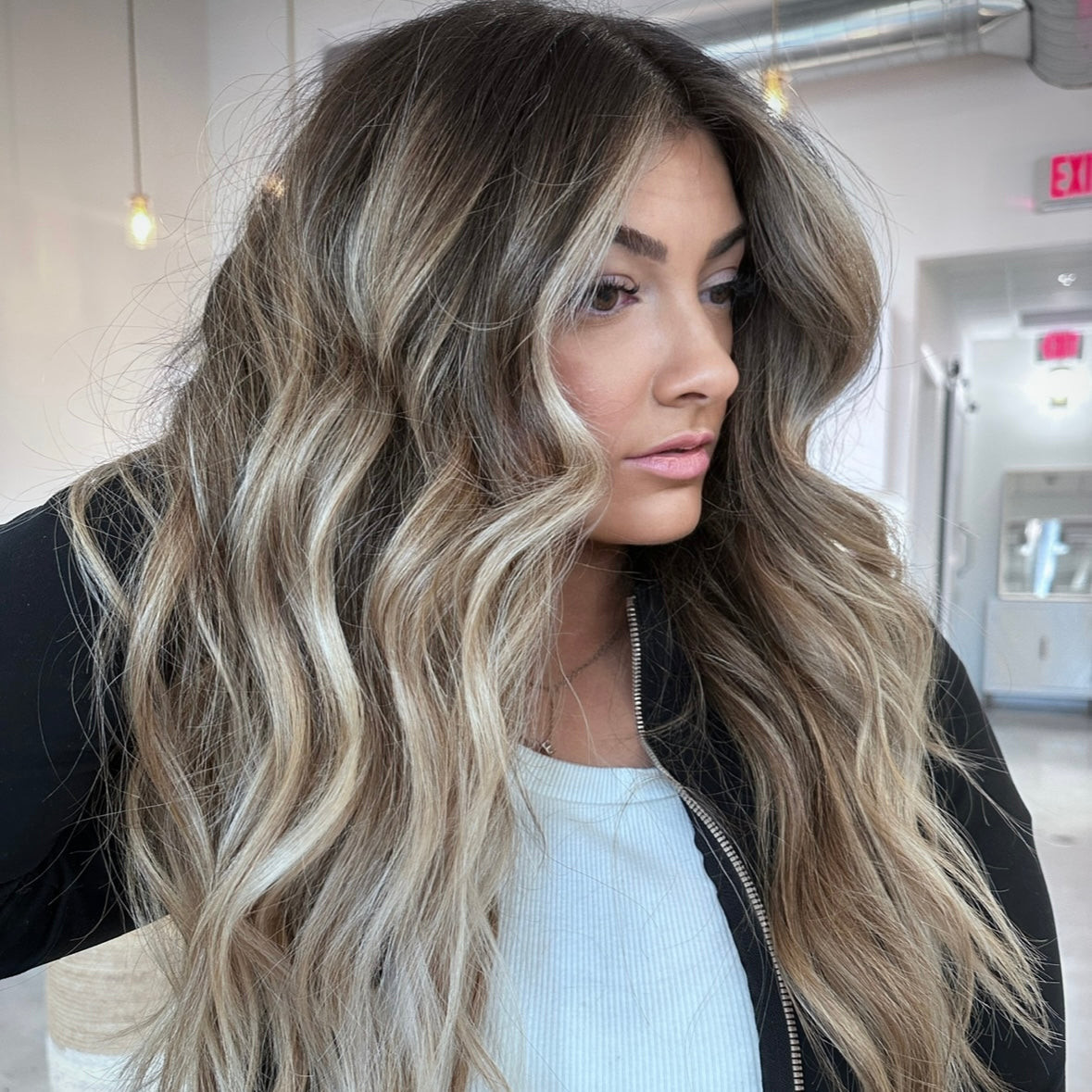 Dark Brown With Blonde Balayage Soft Waves — Halo Extensions Hairstyles