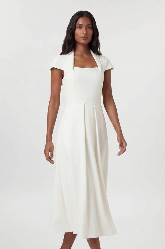 Ivory Midi Dress with Structured Square Neckline and Full Skirt Ivory Midi Dress with Structured Square Neckline and Full Skirt — Square Neck Dresses