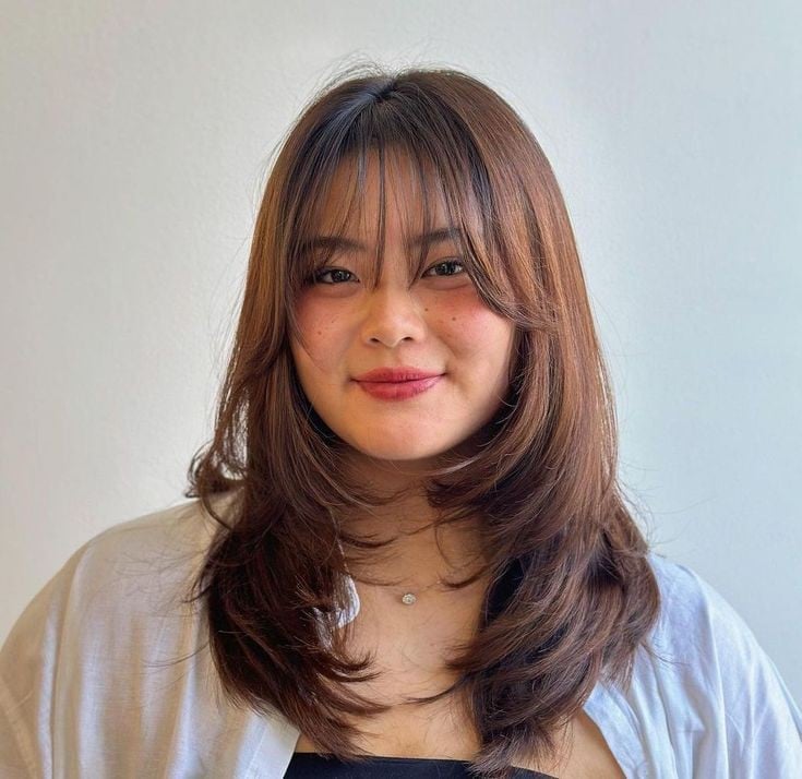 Layered Necklines: White Shirt Over Tank with Side-Swept Bangs — Bangs with Layers