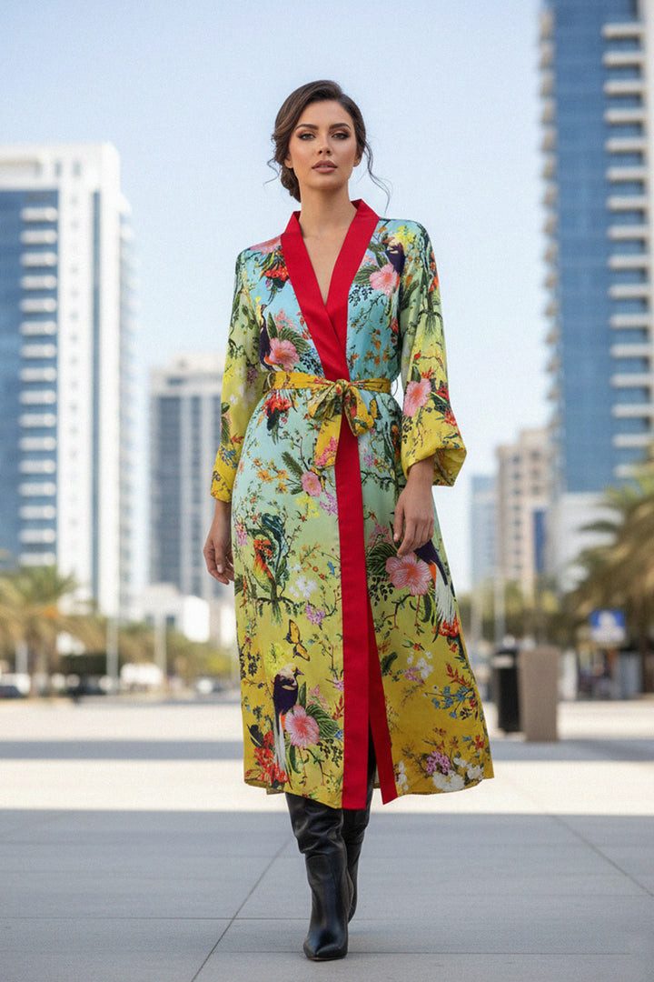 Silk Bird and Flower Print Kimono with Knee-High Boots — Kimonos