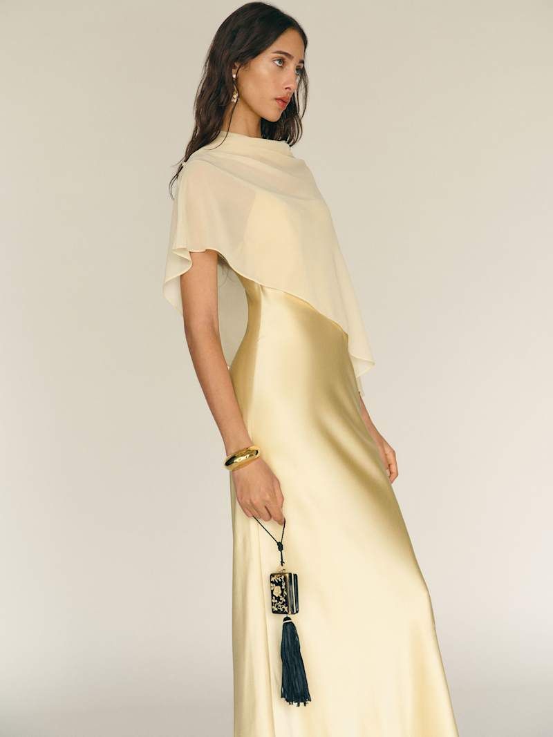 Pale Yellow Silk Slip Dress with Sheer Overlay Pale Yellow Silk Slip Dress with Sheer Overlay — Silk Dresses