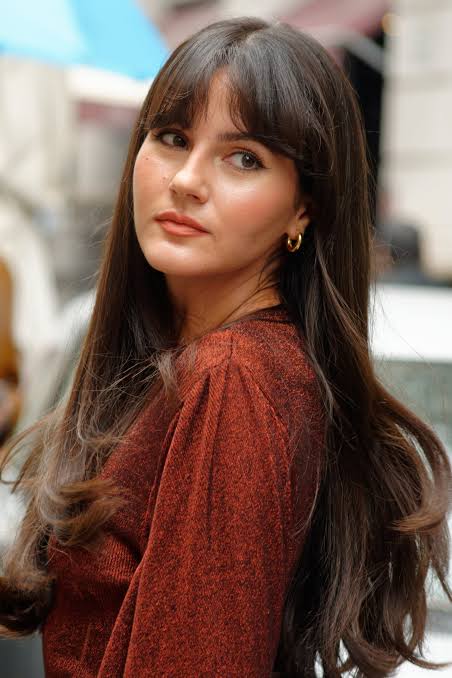 Textured Red Top and French Bangs with Gold Hoops Textured Red Top and French Bangs with Gold Hoops