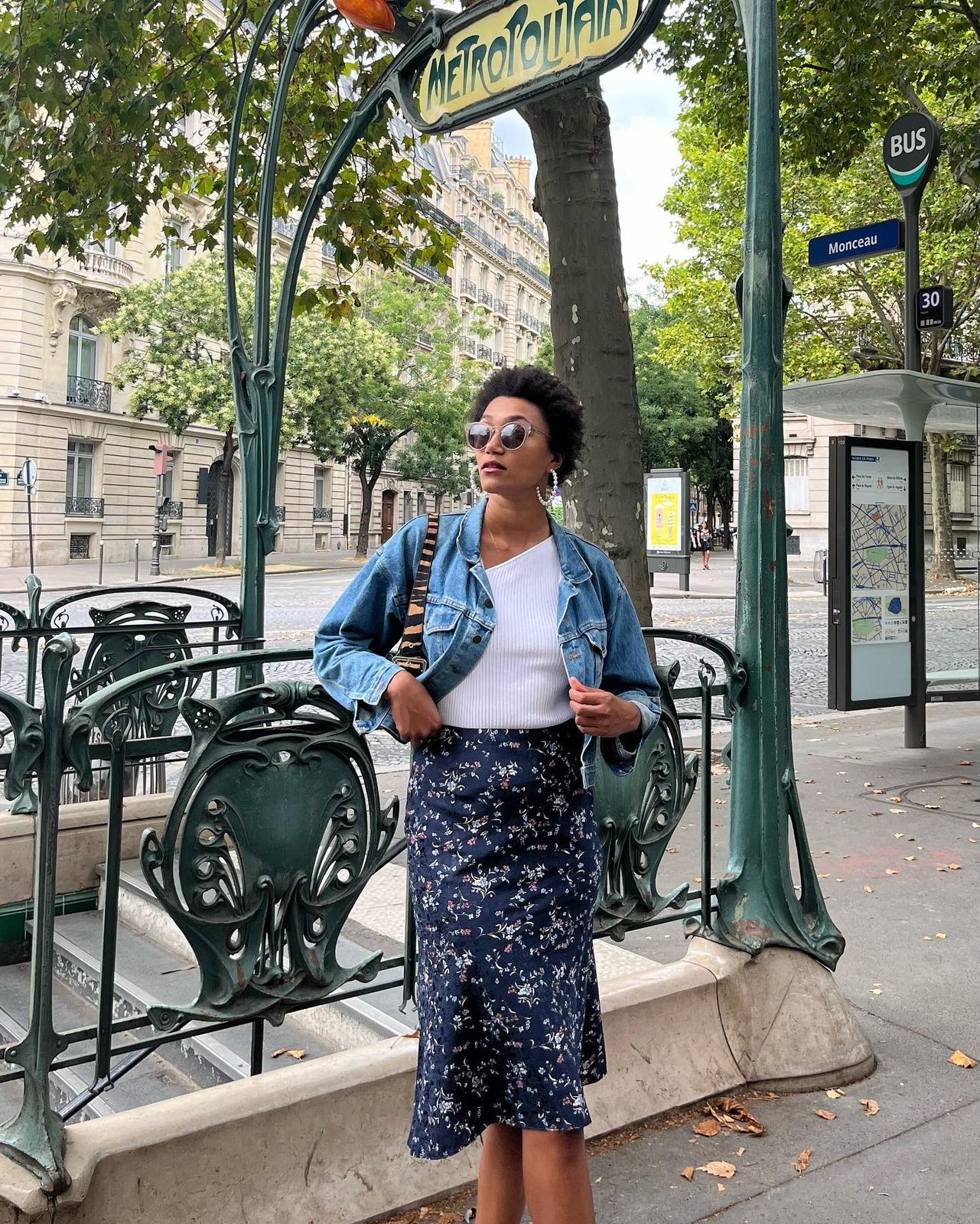 Floral Print Slip Skirt with Denim Jacket and One-Shoulder Top — Slip Skirt Outfits
