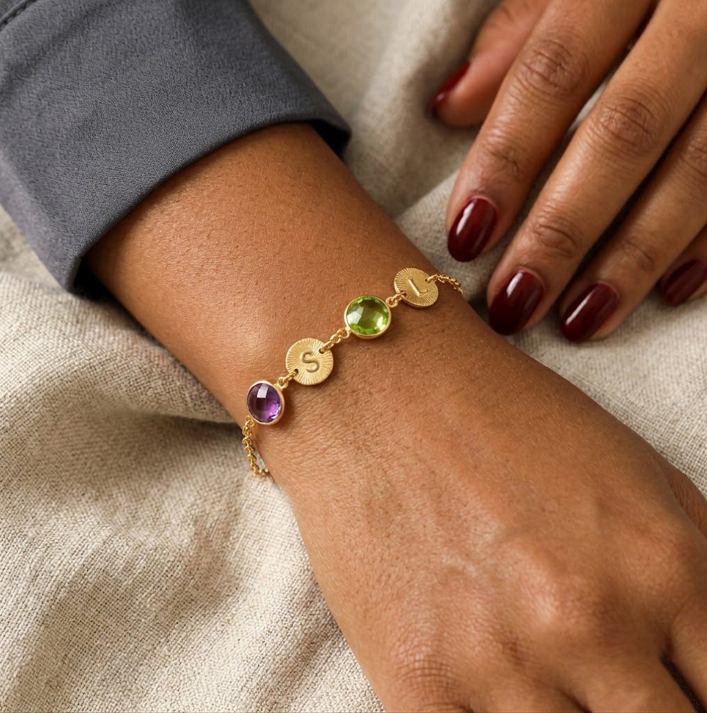 Personalized Gold Bracelet with Gemstone and Initial Charms Personalized Gold Bracelet with Gemstone and Initial Charms — Charm Bracelets