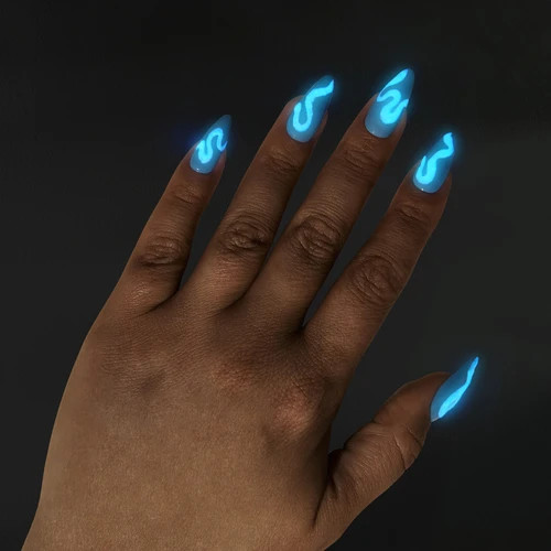 Light Blue Glowing Snake Stilettos Light Blue Glowing Snake Stilettos — Glow in the Dark Nails