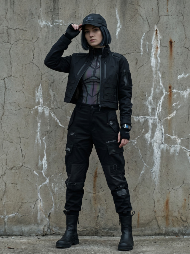 Iridescent Cropped Jacket with Slim Cargo Pants and Utility Pouch Iridescent Cropped Jacket with Slim Cargo Pants and Utility Pouch — Techwear Outfits