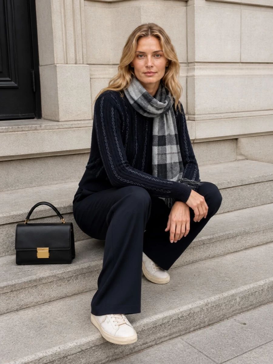 Navy Sweater and Plaid Scarf with White Sneakers — Golden Goose Outfits