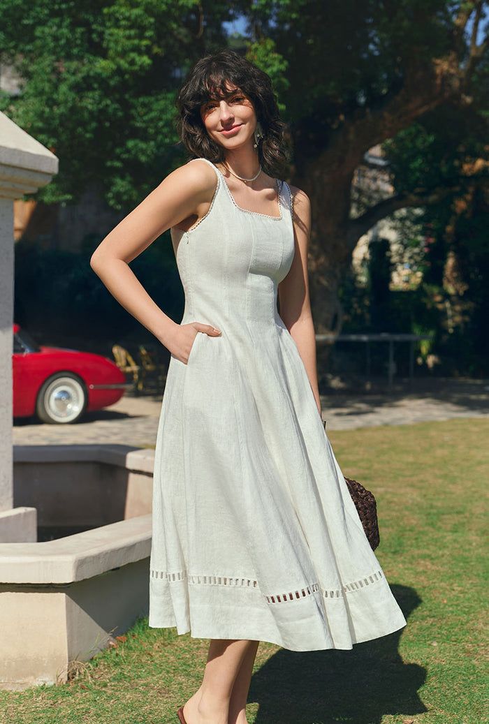 Linen Midi Dress with Cut-Out Hem for Summer Casual — Dresses for Short Women