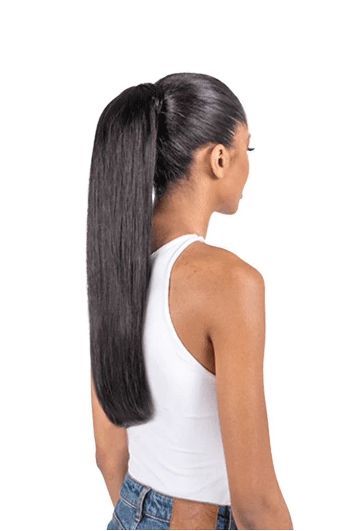 Sleek Straight Black Back View — Wrap Around Ponytail