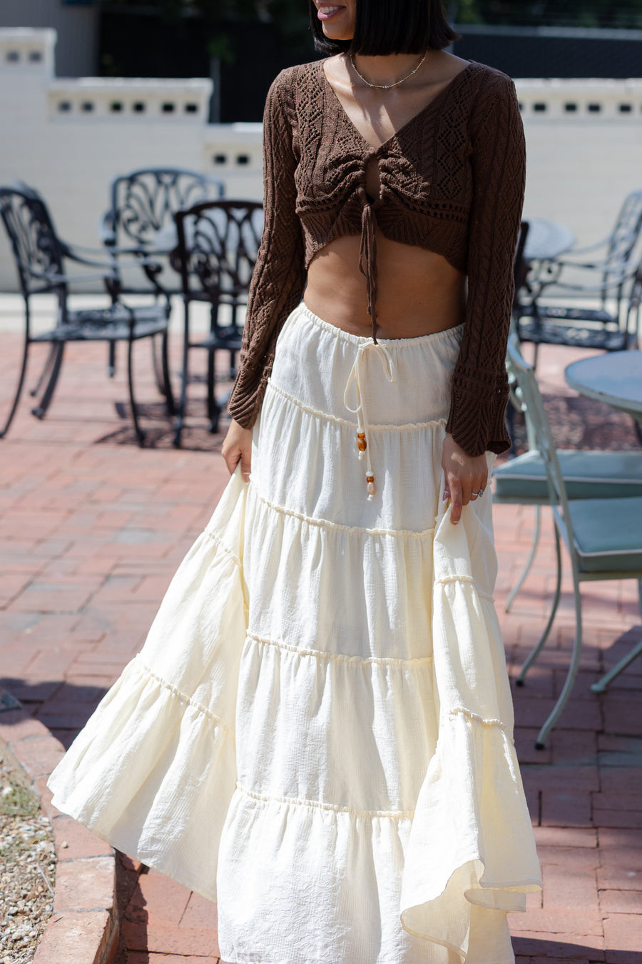 Cream Tiered Maxi Skirt with Brown Crochet Tie-Front Top Cream Tiered Maxi Skirt with Brown Crochet Tie-Front Top — Tiered Skirt Outfits