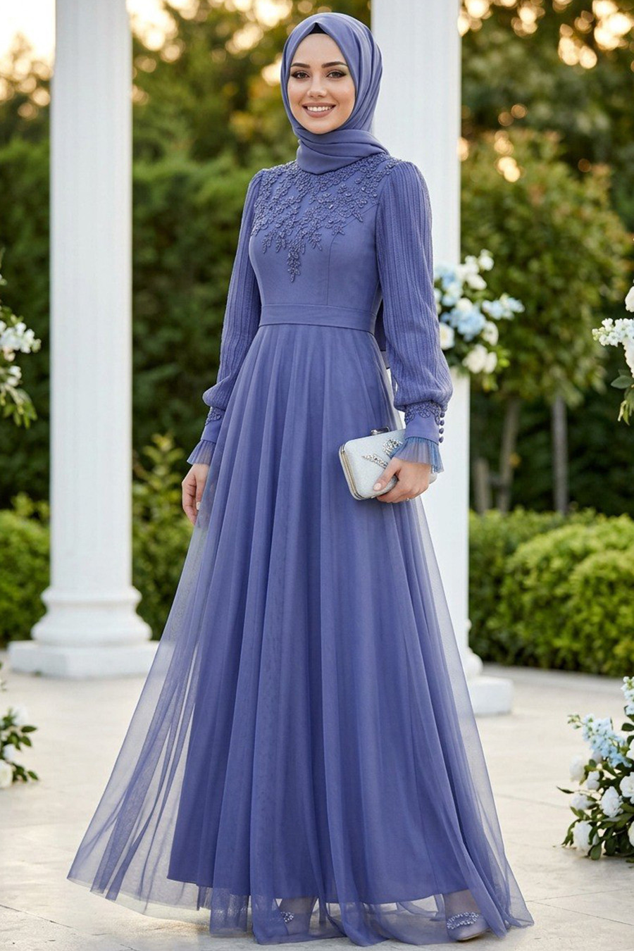 Periwinkle Blue Hijab Dress With Sheer Tulle Skirt — Formal Hijab Outfits