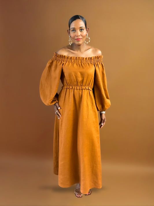 Rust Linen Off-Shoulder Maxi Dress: Seasonal Comfort Rust Linen Off-Shoulder Maxi Dress: Seasonal Comfort — Dresses for Tall Women