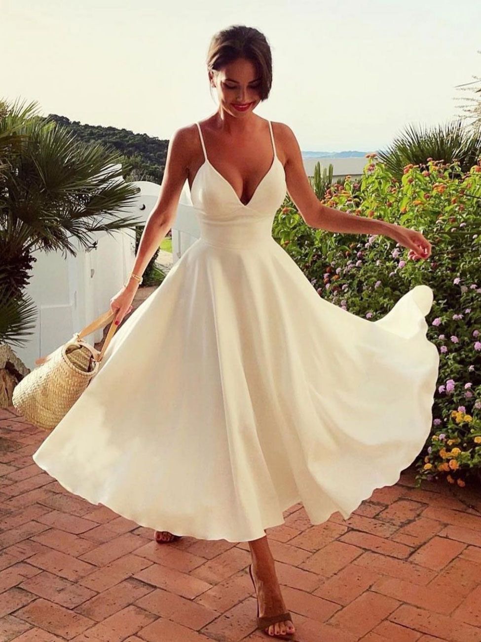 White Satin Fit-and-Flare Dress with Circle Skirt and Straw Tote White Satin Fit-and-Flare Dress with Circle Skirt and Straw Tote — Tea Length Dresses