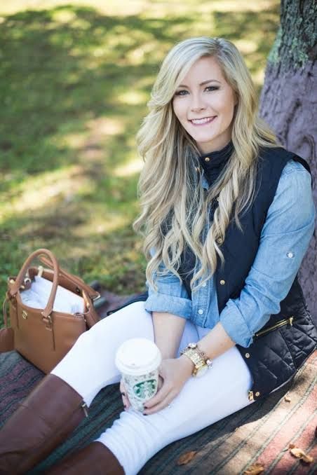 Denim Shirt and Puffer Vest with White Pants Denim Shirt and Puffer Vest with White Pants — Tory Burch Outfits