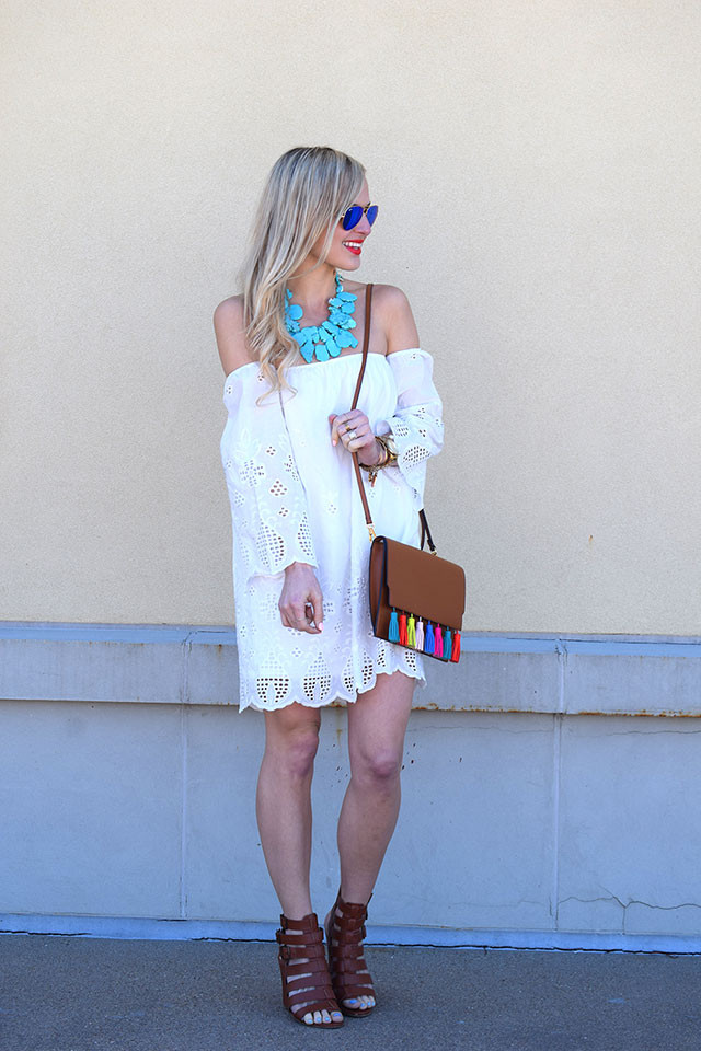 Eyelet Dress with Gladiator Sandals and Turquoise Necklace — Dallas Outfits