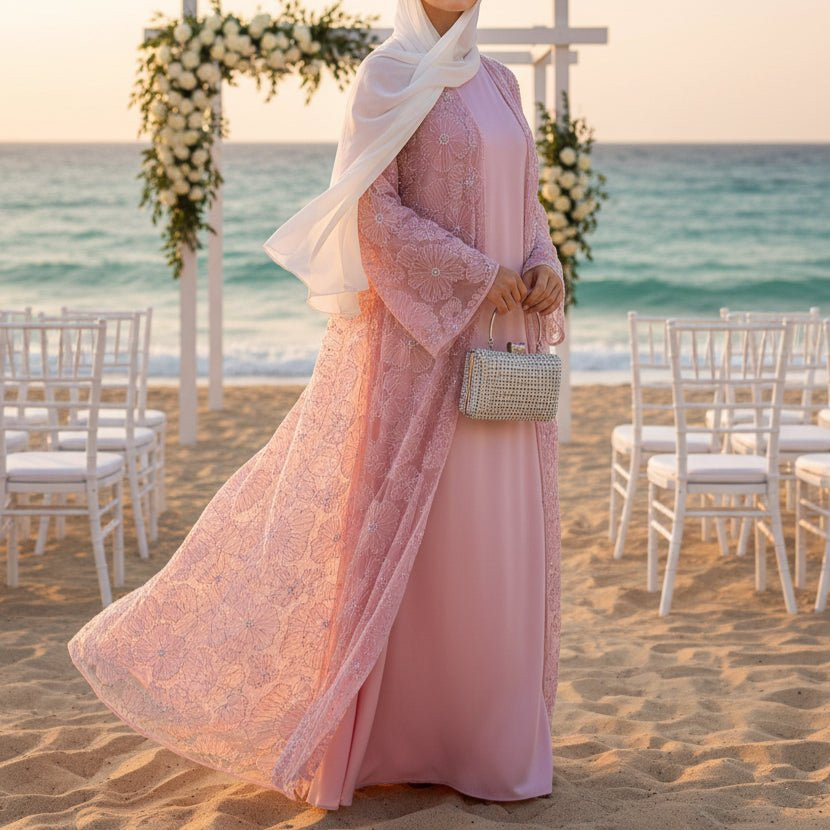 Lace Open Abaya Over a Blush Pink Satin Dress — Abaya Outfits