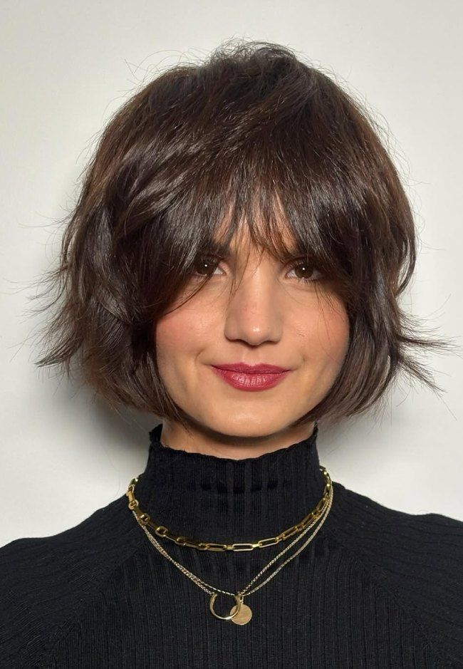 Chin Dark Brown Shaggy Bob Soft Curtain Bangs Chin Dark Brown Shaggy Bob Soft Curtain Bangs