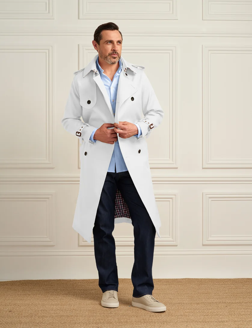 White Trench Coat with Blue Shirt and Trousers White Trench Coat with Blue Shirt and Trousers — Outfits for Men Over 50