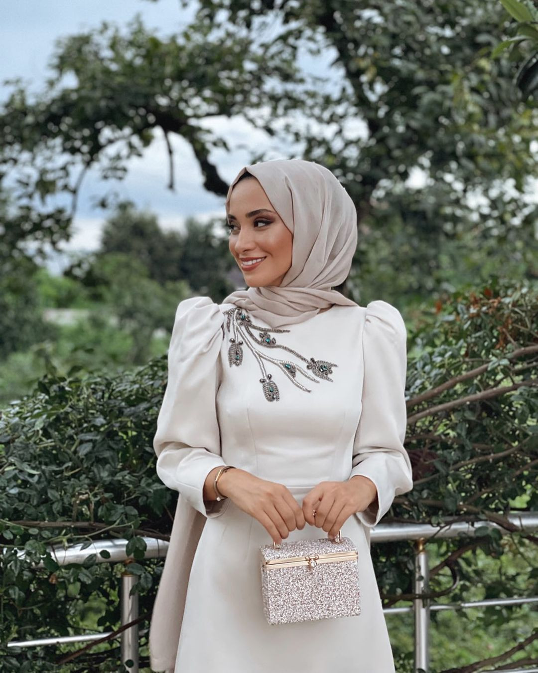 Cream Dress with Puffed Sleeves and Ornate Neckline Cream Dress with Puffed Sleeves and Ornate Neckline — Hijab Wedding Guest Outfits