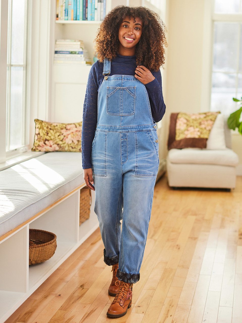Light Wash Overalls with Fleece-Lined Cuffs and Brown Boots Light Wash Overalls with Fleece-Lined Cuffs and Brown Boots