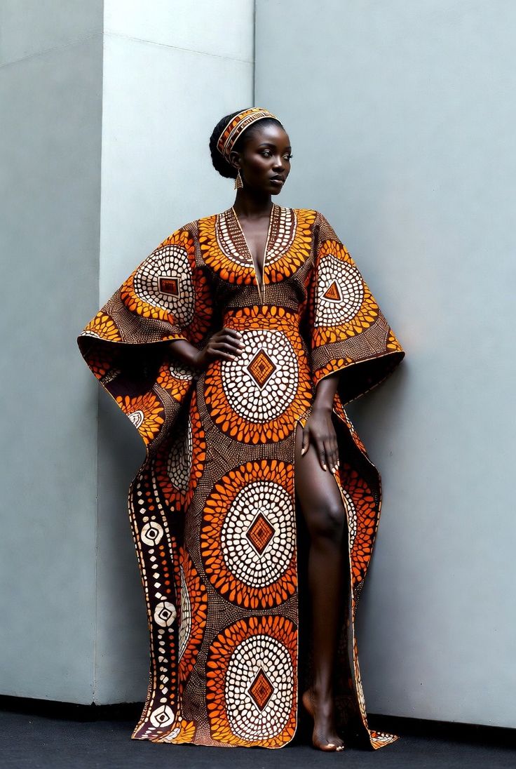 Orange and Brown African Print Kaftan Dress Orange and Brown African Print Kaftan Dress — Afrocentric Outfits