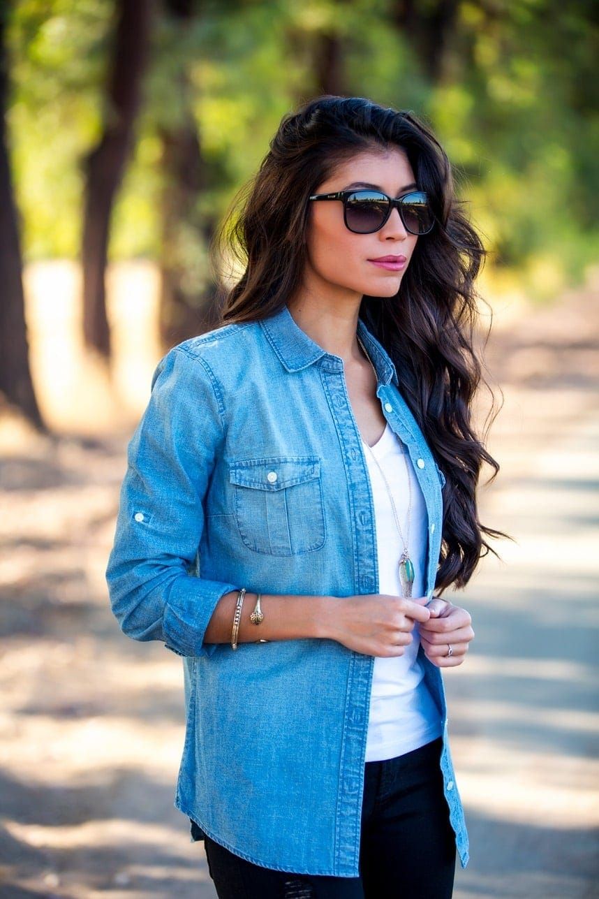 Open Denim Shirt with Rolled Sleeves Open Denim Shirt with Rolled Sleeves — Denim Shirt Outfits