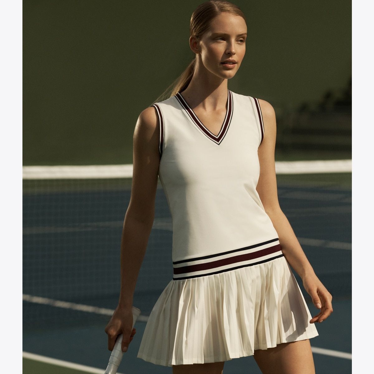 White Sleeveless Tennis Dress with Burgundy and Navy Trim — Tennis Dresses