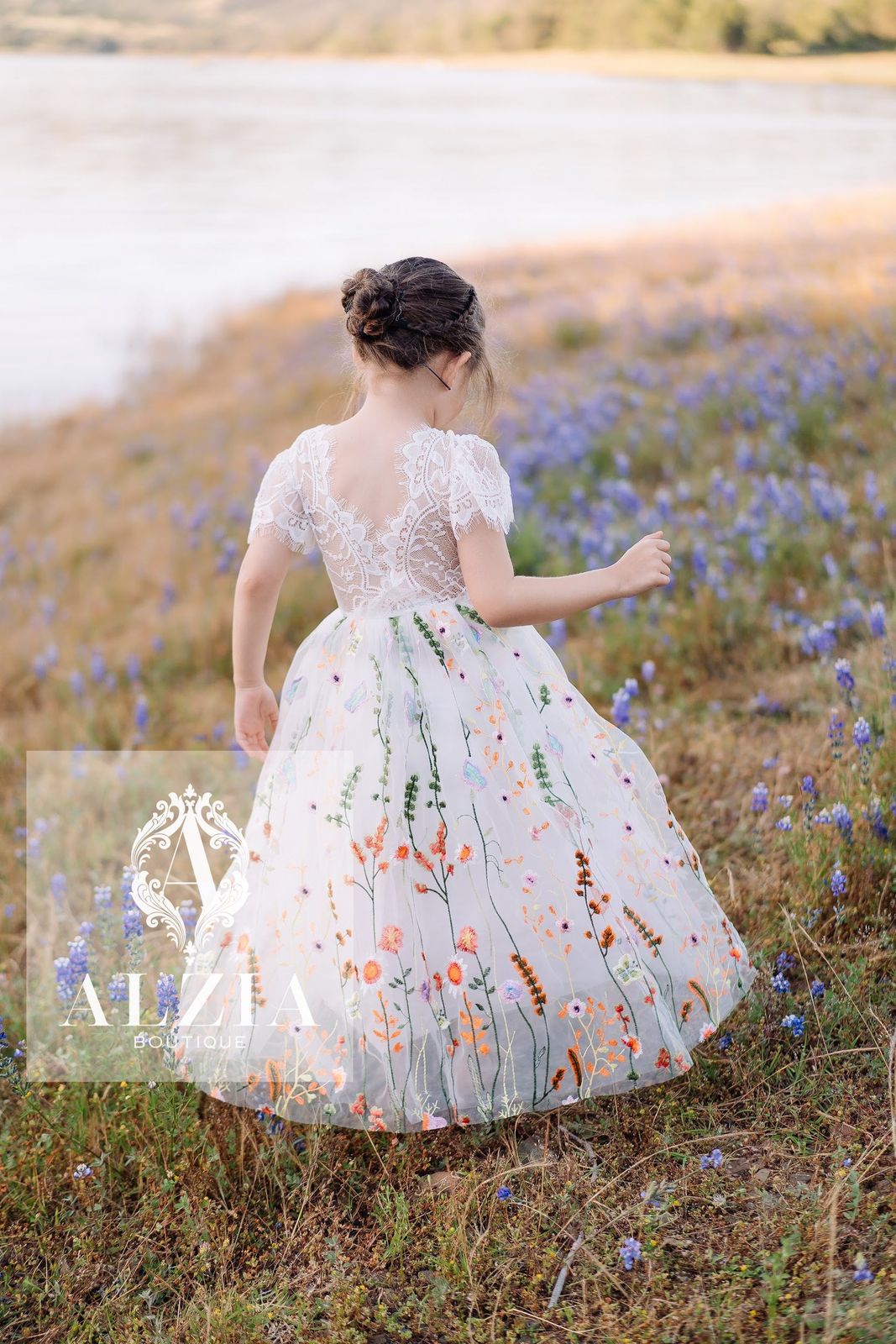 Wildflower Embroidered Flower Girl Dress | Stretch Lace Bodice & Scallop Back – Alzia Dresses