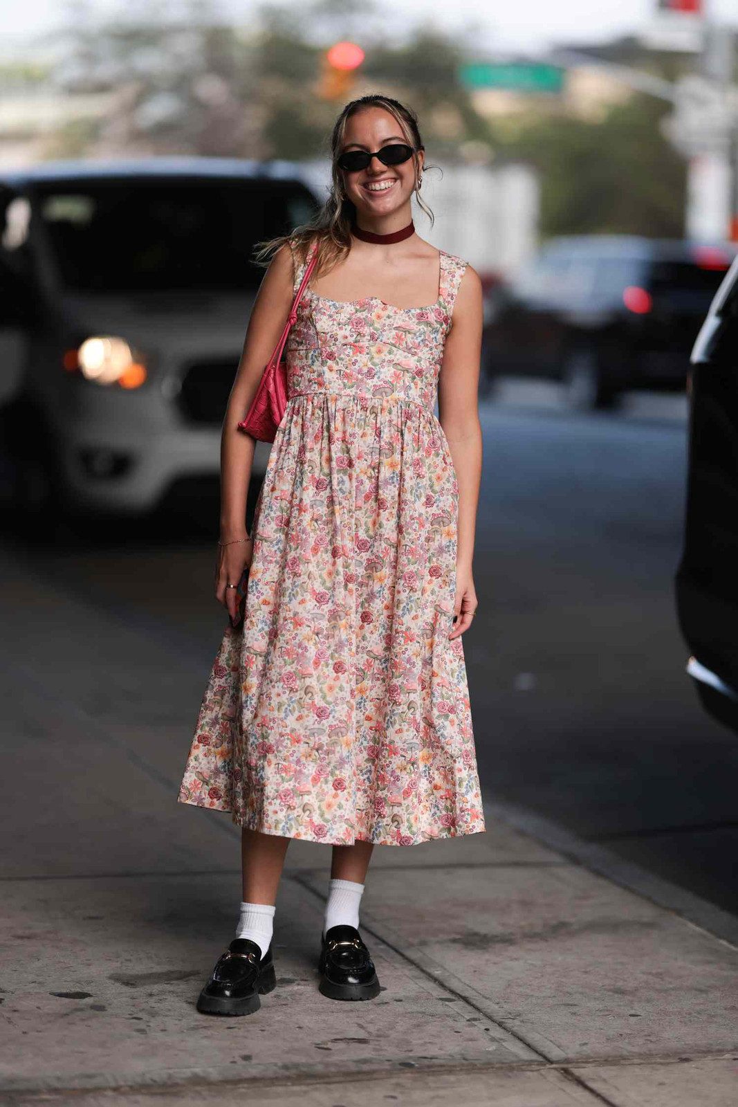 Floral Midi Dress with Chunky Loafers and White Socks — Loafers with Dress Outfits