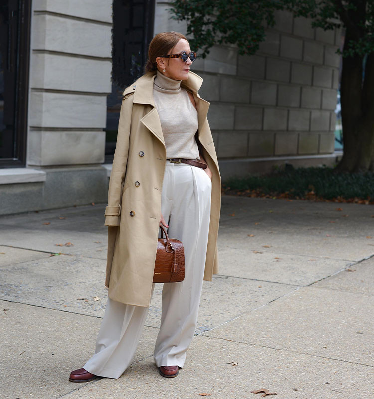 Classic Beige Trench Coat with Wide-Leg Trousers Classic Beige Trench Coat with Wide-Leg Trousers — Stealth Wealth Outfits