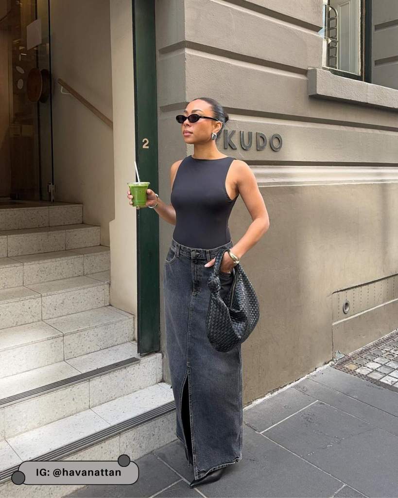 Black Bodysuit with Denim Maxi Skirt for a Sleek, Modern Evening Look — Tank Top Outfits