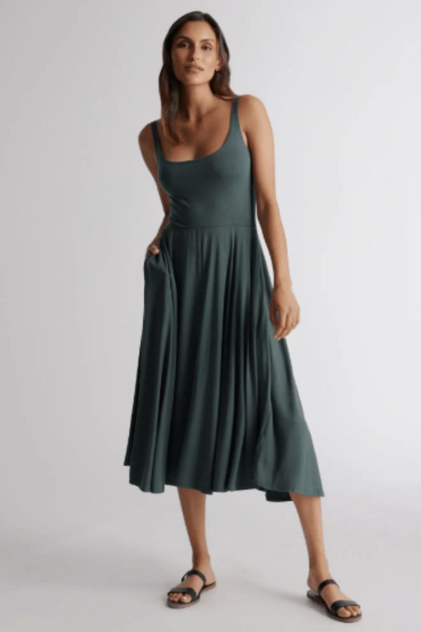 Fitted Tank Bodice Midi Dress with Pleated Skirt — Outfits for Short Torso
