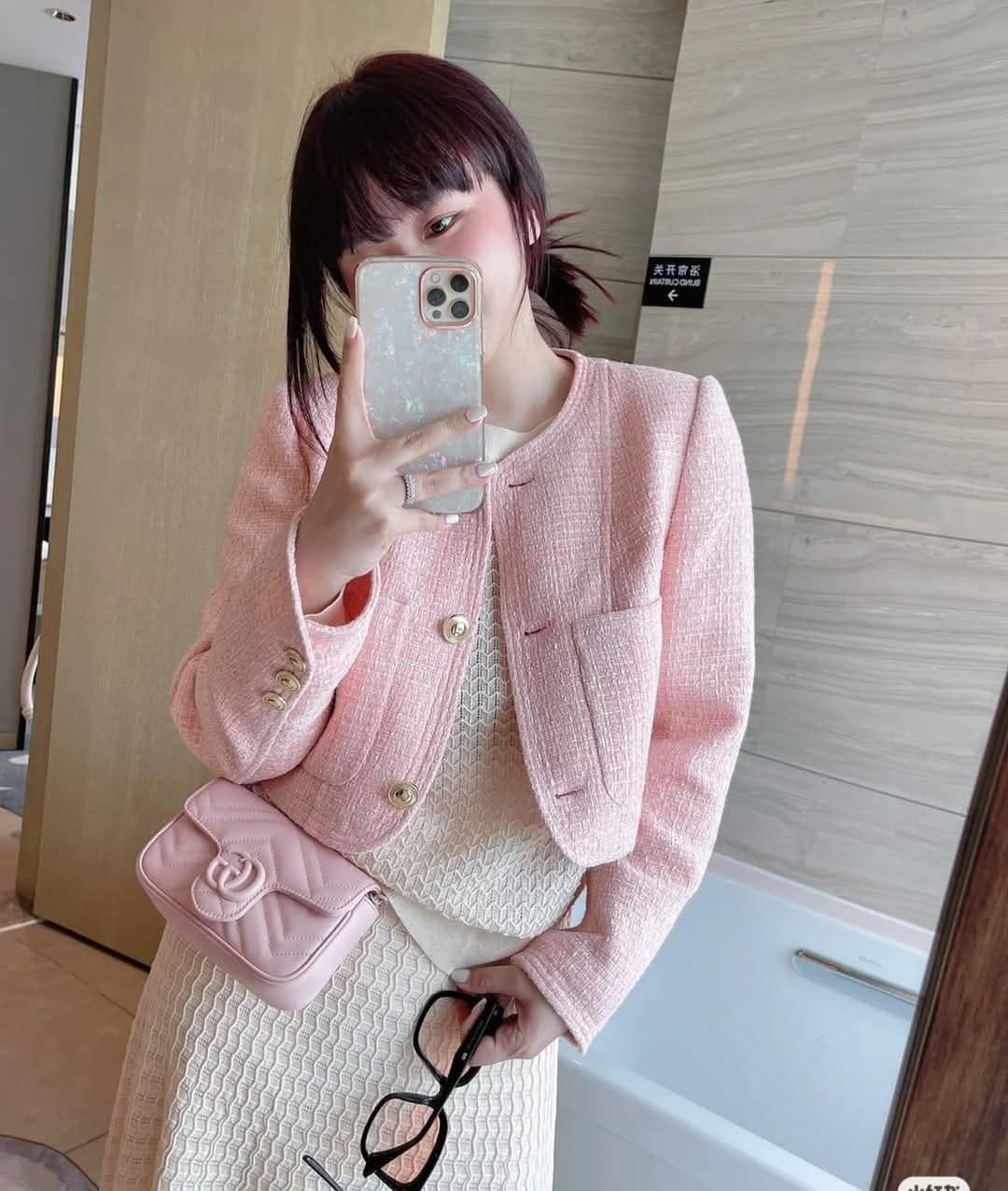 Quilted Charm: Pink Fanny Pack with Tweed Jacket Quilted Charm: Pink Fanny Pack with Tweed Jacket — Fanny Pack Outfits