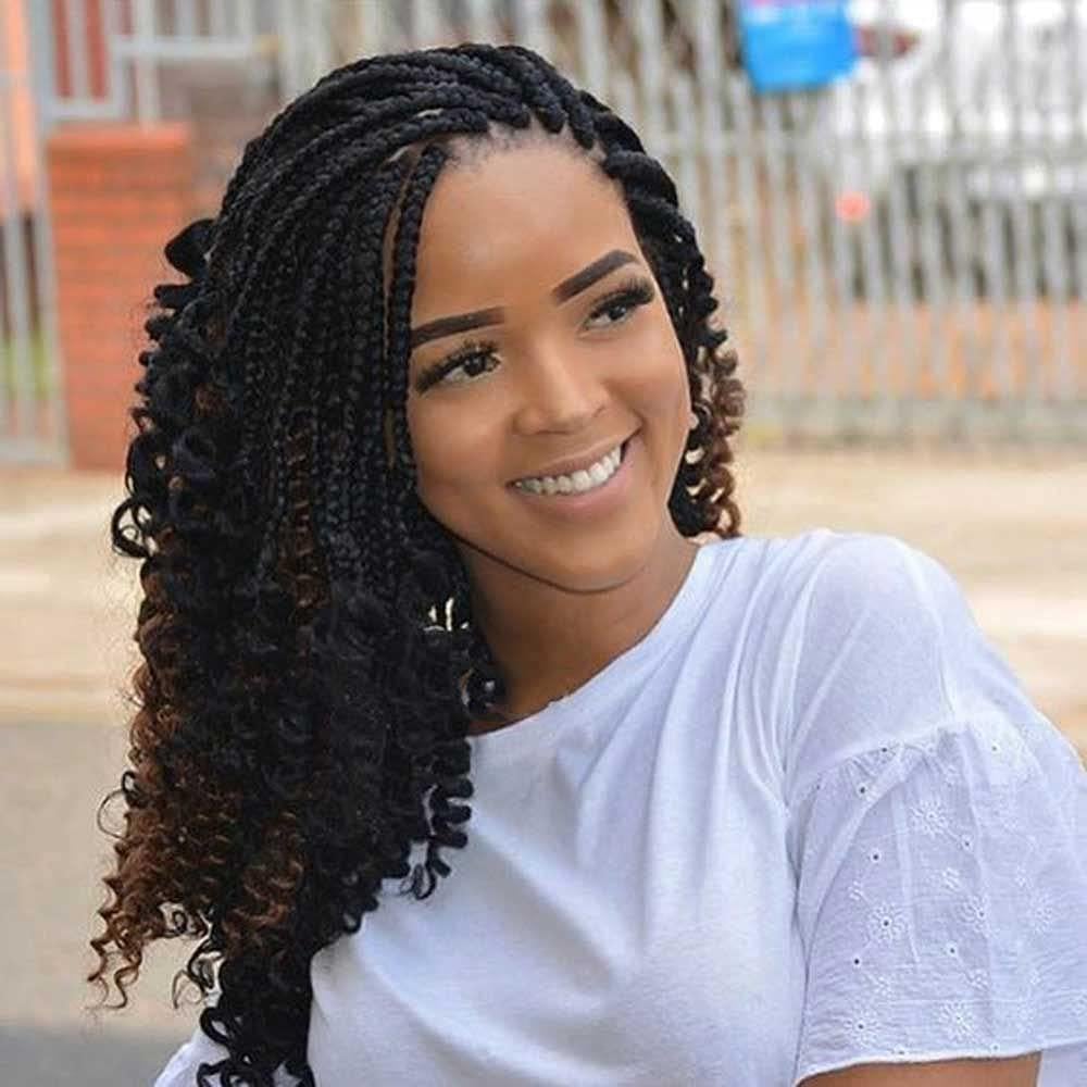 Black With Brown Highlights Shoulder-Length Crochet Box Braids with Curly Ends — Crochet Braids
