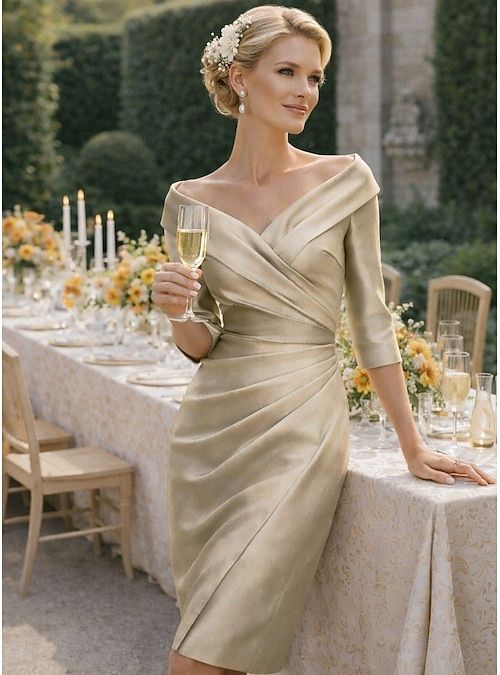 Champagne Gold Ruched Knee-Length Dress with Draped Bodice Champagne Gold Ruched Knee-Length Dress with Draped Bodice — Mother of the Bride Dresses