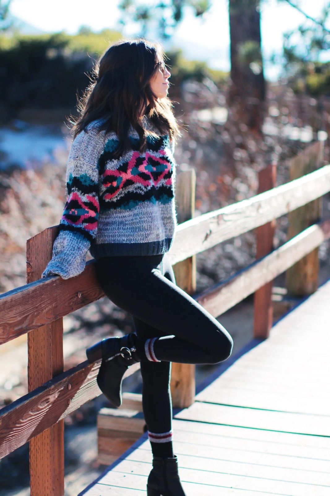 Geometric Patterned Sweater for Casual Outdoor Comfort — Lake Tahoe Outfits