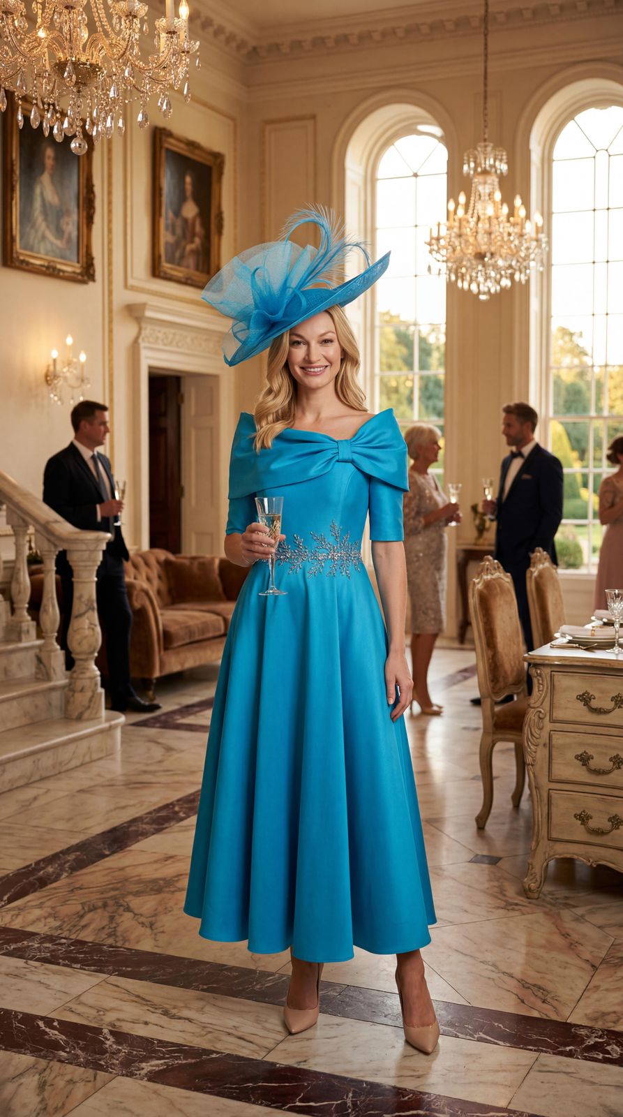 Vibrant Blue Satin Fit-and-Flare Midi Dress with Bow Detail Vibrant Blue Satin Fit-and-Flare Midi Dress with Bow Detail — Mother of the Bride Outfits