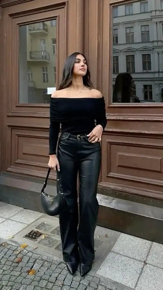 Off-the-Shoulder Top with Leather Wide-Leg Trousers — Dark Feminine Outfits