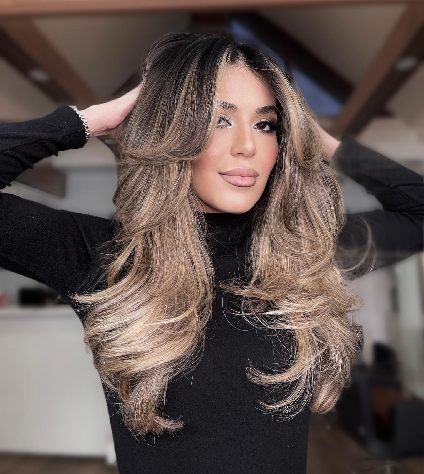 Layered Dark Brown With Blonde Balayage — Long Layered Hair