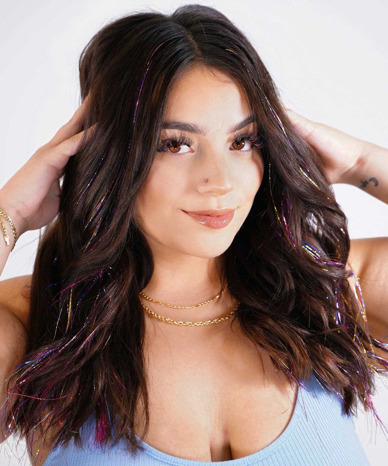 Multi Colored Tinsel on Dark Wavy Hair — Hair Tinsel