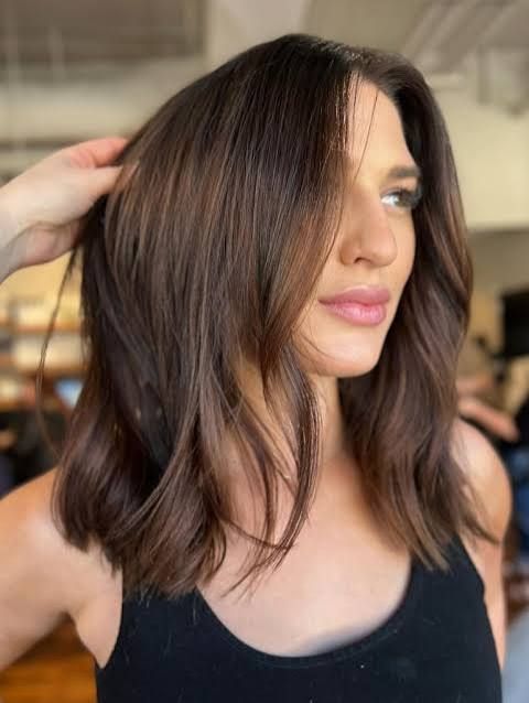 Dark Brown Lob With Caramel Highlights Dark Brown Lob With Caramel Highlights — Natural Hair Colors